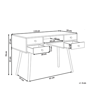 Scrivania per home office bianca 4 cassetti portaoggetti gambe in legno massello chiaro 110 x 55 cm scandinavo
