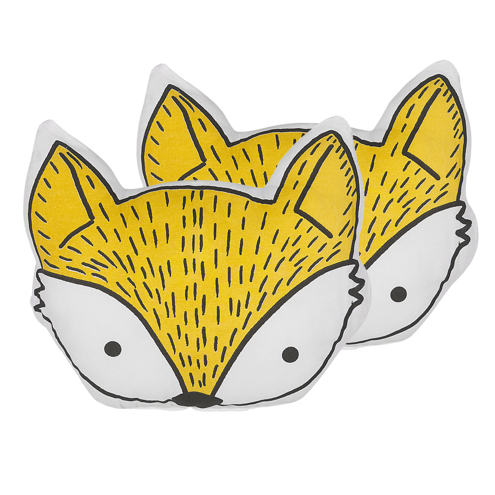 Set di 2 cuscini per bambini in cotone giallo 50 x 40 cm a forma di volpe decorativi per la cameretta con stampa di animale