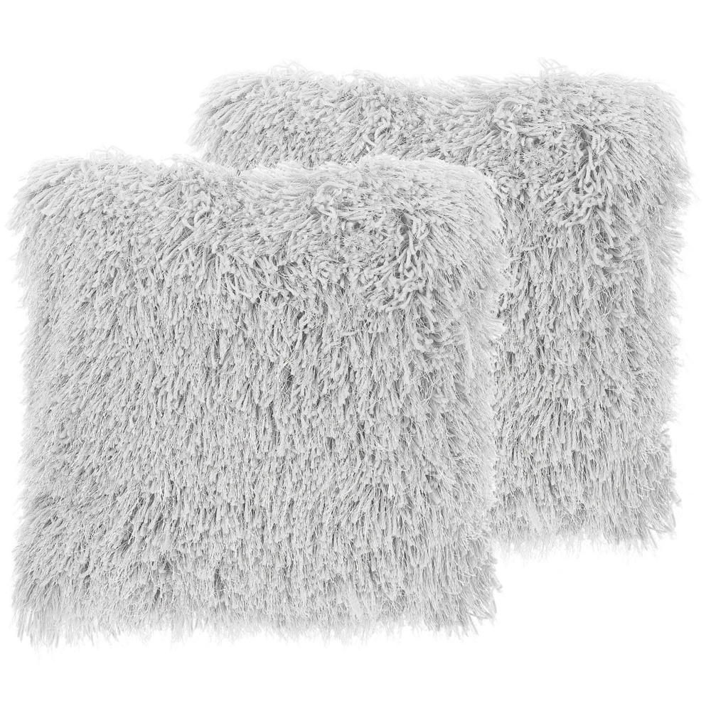 Set di 2 cuscini decorativi Fodera per cuscino in tessuto di poliestere grigio con inserto superficie pelosa 45 x 45 cm