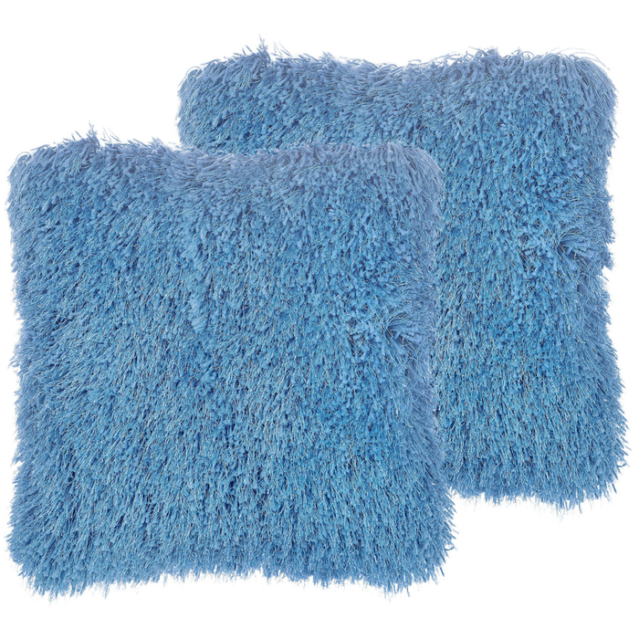 Set di 2 cuscini decorativi Fodera per cuscino in tessuto poliestere blu con inserto superficie pelosa 45 x 45 cm