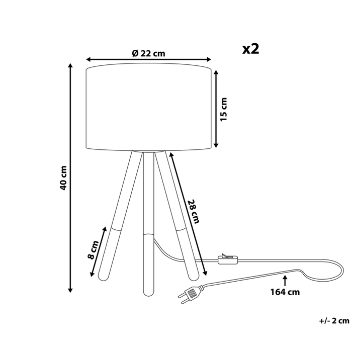 Set di 2 Lampade da Tavolo in Metallo Nero 40H cm Base Treppiede in Legno Paralume in Tessuto Nero Moderne