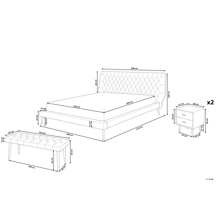 Letto con Panca e 2 Comodini in Ecopelle Testiera Decorativa 160 x 200 cm