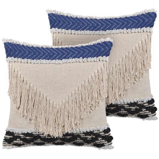 Set di 2 cuscini decorativi in cotone beige 45 x 45 cm federa con frange testurizzate con imbottitura in poliestere