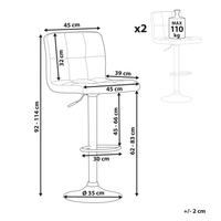 Set di 2 sgabelli da bar da cucina grigi girevoli regolabili in altezza