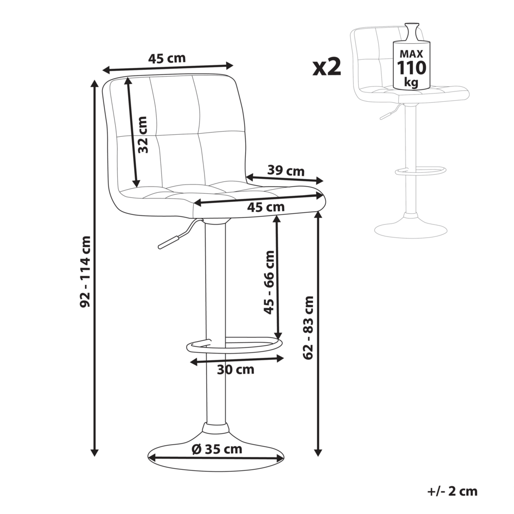 Set di 2 sgabelli da bar da cucina in tessuto di colore nero girevoli regolabili in altezza