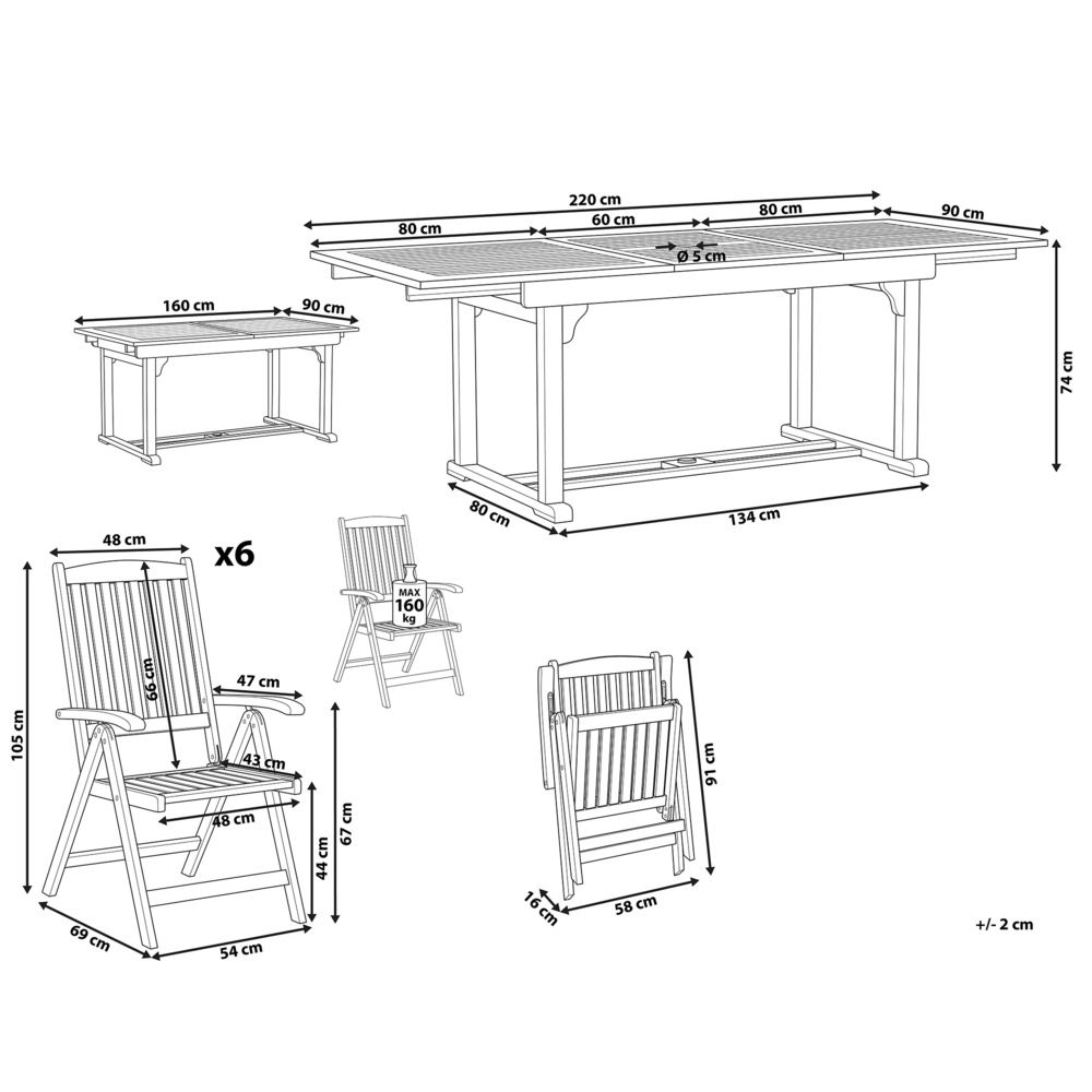 Set da pranzo da giardino Cuscini in legno di acacia Sedie pieghevoli regolabili a 6 posti in stile country per esterni