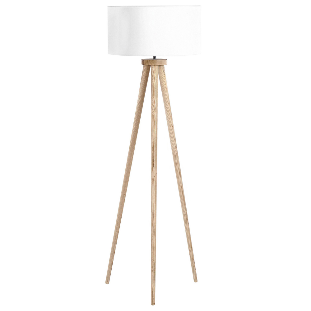 Lampada da Terra Bianca con Struttura in Legno Chiaro 140 cm Paralume in Tessuto Treppiede per Tamburo Design Moderno
