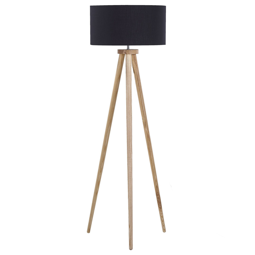 Lampada da Terra Nera con Struttura in Legno Chiaro 140 cm Paralume in Tessuto Treppiede per Tamburo Design Moderno