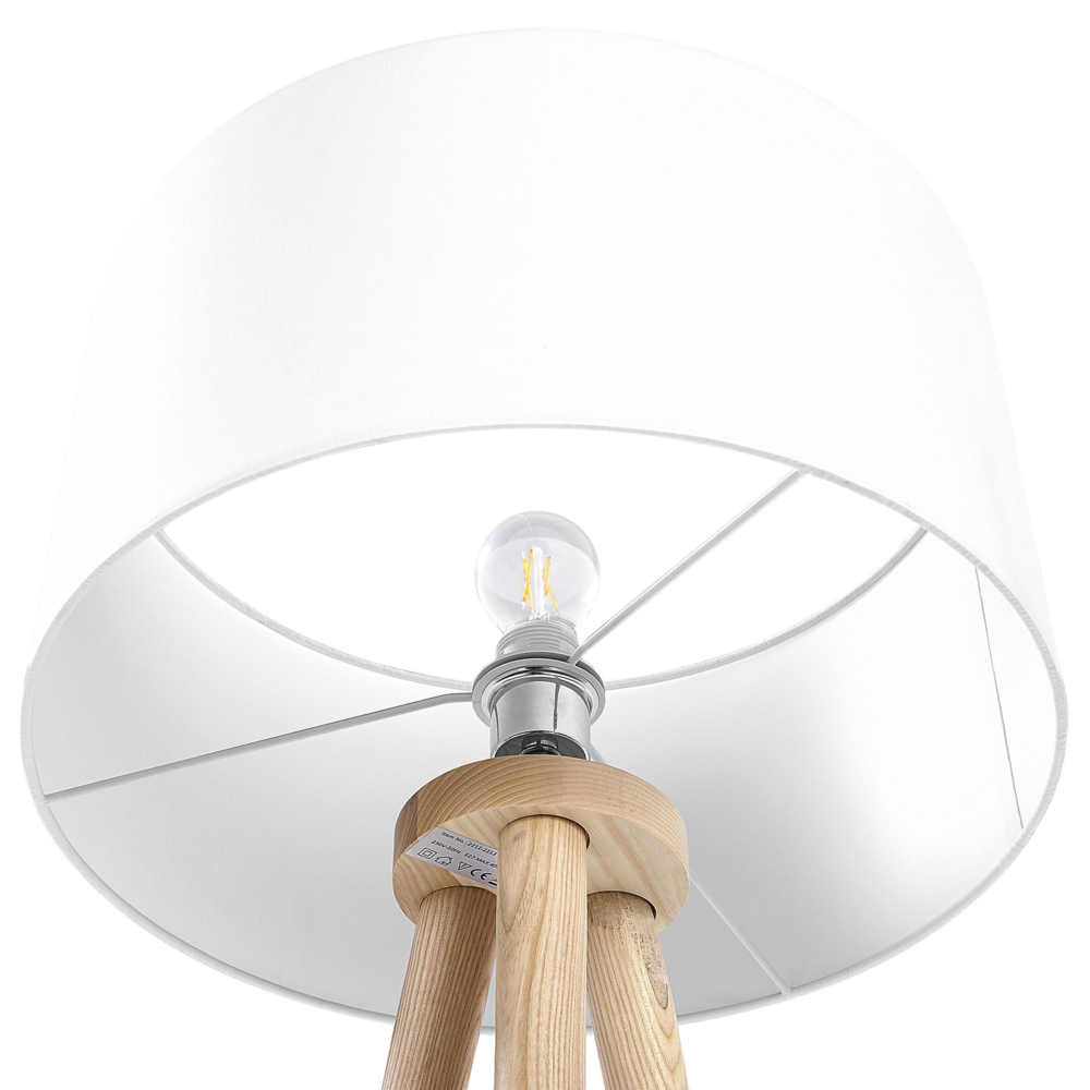 Lampada da Terra Bianca con Struttura in Legno Chiaro 140 cm Paralume in Tessuto Treppiede per Tamburo Design Moderno