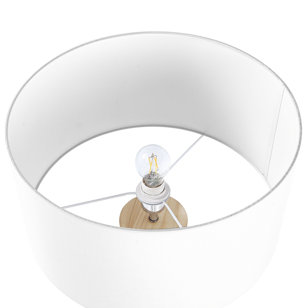 Lampada da Terra Bianca con Struttura in Legno Chiaro 140 cm Paralume in Tessuto Treppiede per Tamburo Design Moderno