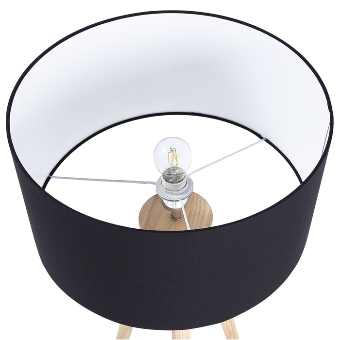 Lampada da Terra Nera con Struttura in Legno Chiaro 140 cm Paralume in Tessuto Treppiede per Tamburo Design Moderno