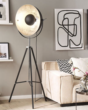 Lampada da Terra Nera con Base a Treppiede in Metallo Argento 165 cm Paralume Orientabile Design Industriale