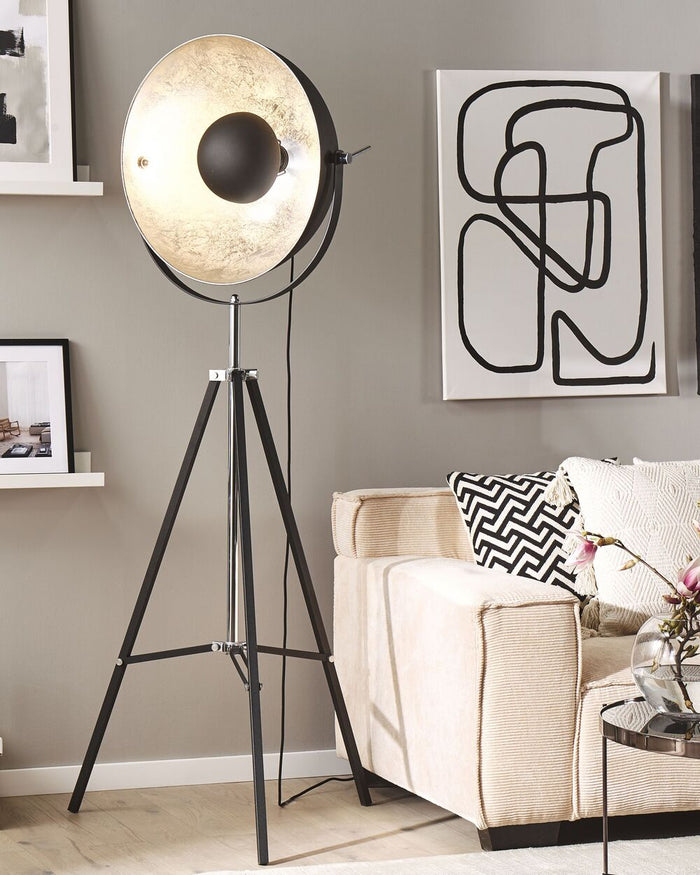 Lampada da Terra Nera con Base a Treppiede in Metallo Argento 165 cm Paralume Orientabile Design Industriale