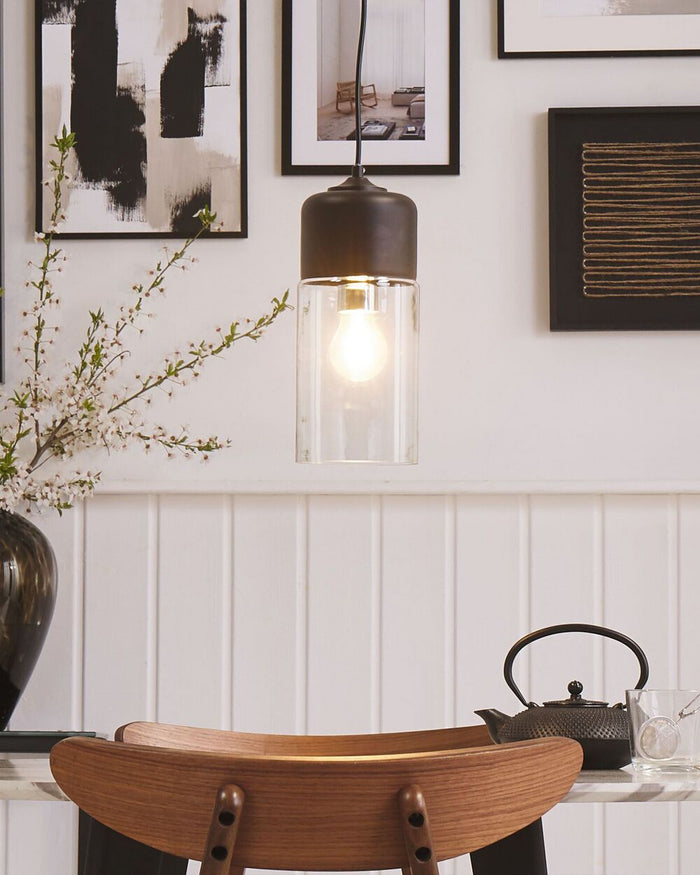 Lampada a sospensione a sospensione con paralume in vetro trasparente Nero dal design moderno cilindrico geometrico