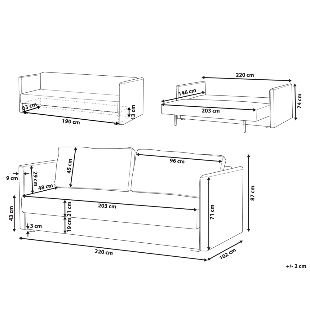 Divano Letto Tessuto Grigio 3 Posti Vano Portaoggetti Cuscini Sfoderabili Moderno