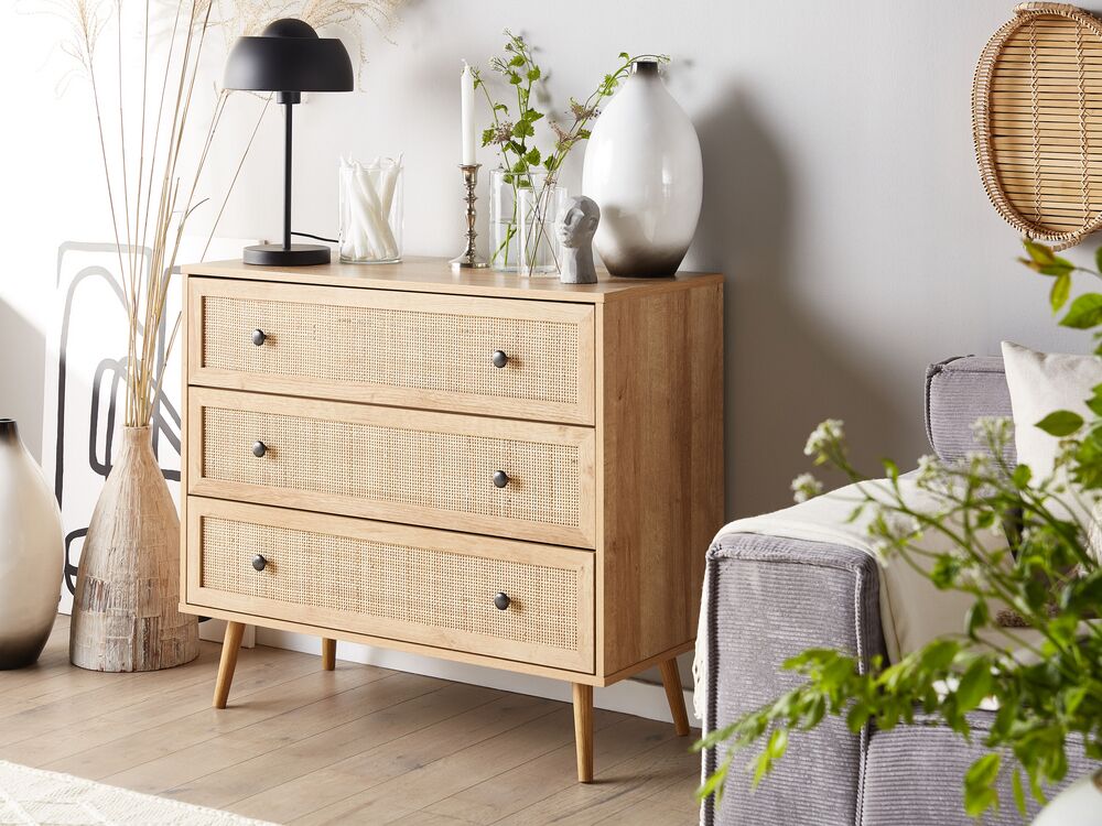 Credenza Moderna a 3 Cassetti con Fronte in Vimini 90 x 79 cm legno Chiaro