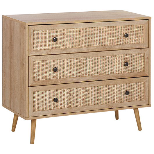 Credenza Moderna a 3 Cassetti con Fronte in Vimini 90 x 79 cm legno Chiaro