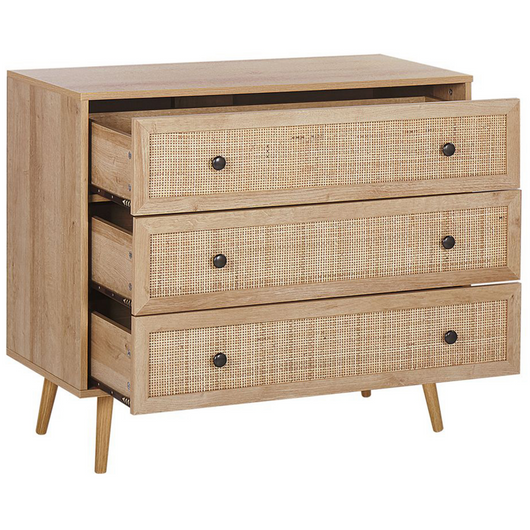 Credenza Moderna a 3 Cassetti con Fronte in Vimini 90 x 79 cm legno Chiaro
