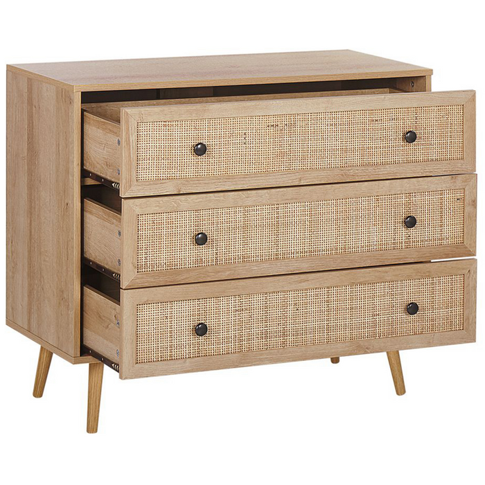 Credenza Moderna a 3 Cassetti con Fronte in Vimini 90 x 79 cm legno Chiaro