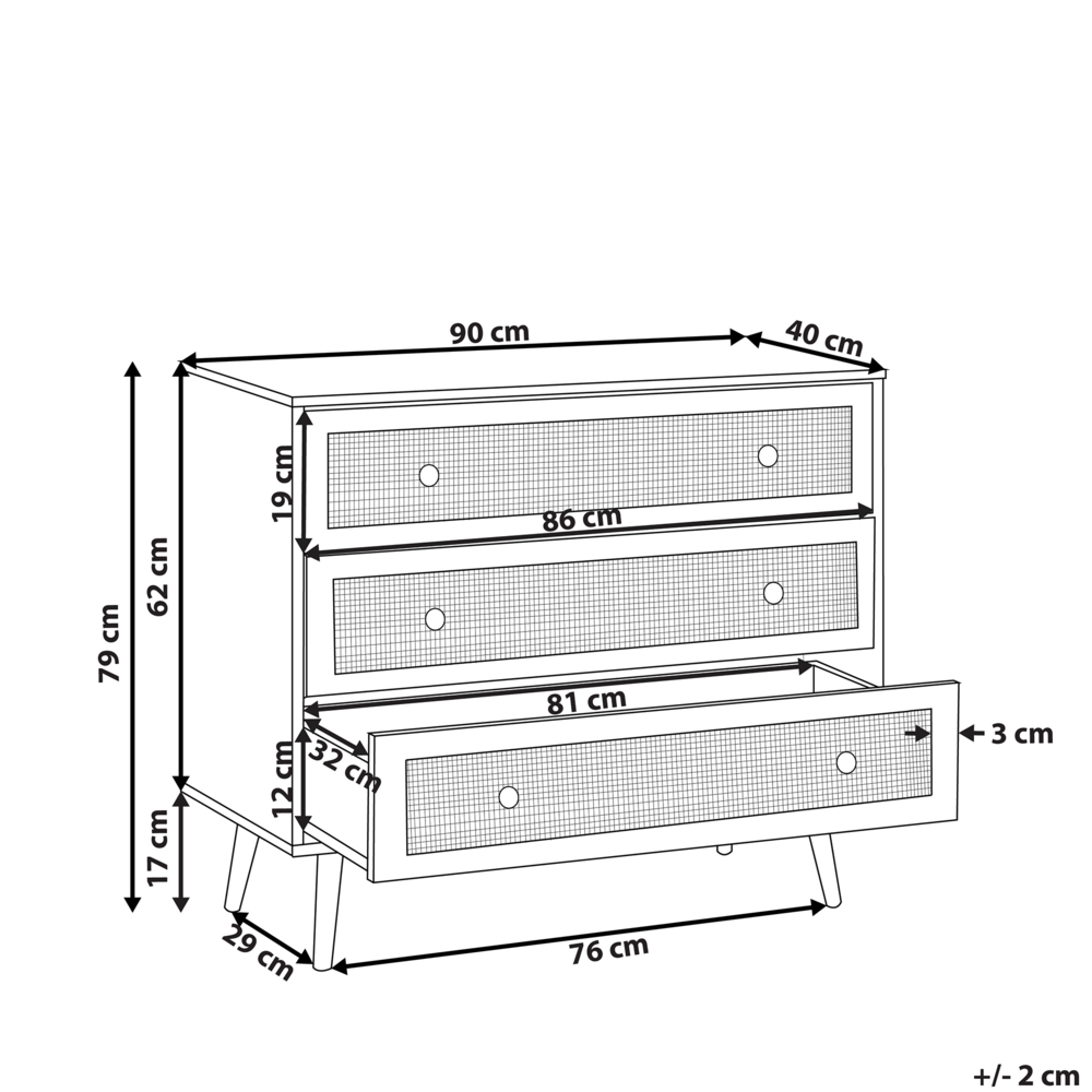 Credenza Moderna a 3 Cassetti con Fronte in Vimini 90 x 79 cm legno Chiaro
