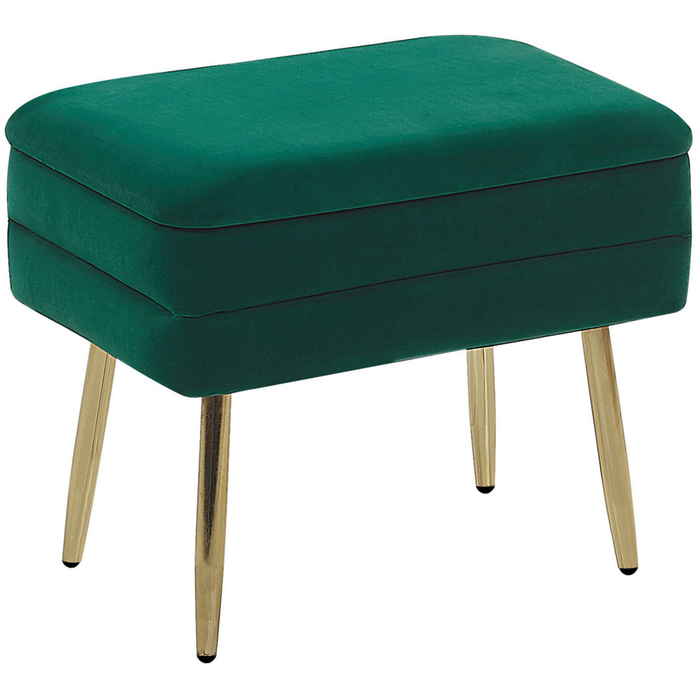 Panca portaoggetti Rivestimento in velluto di poliestere verde scuro Gambe in ferro dorato Poggiapiedi per soggiorno dal design glam