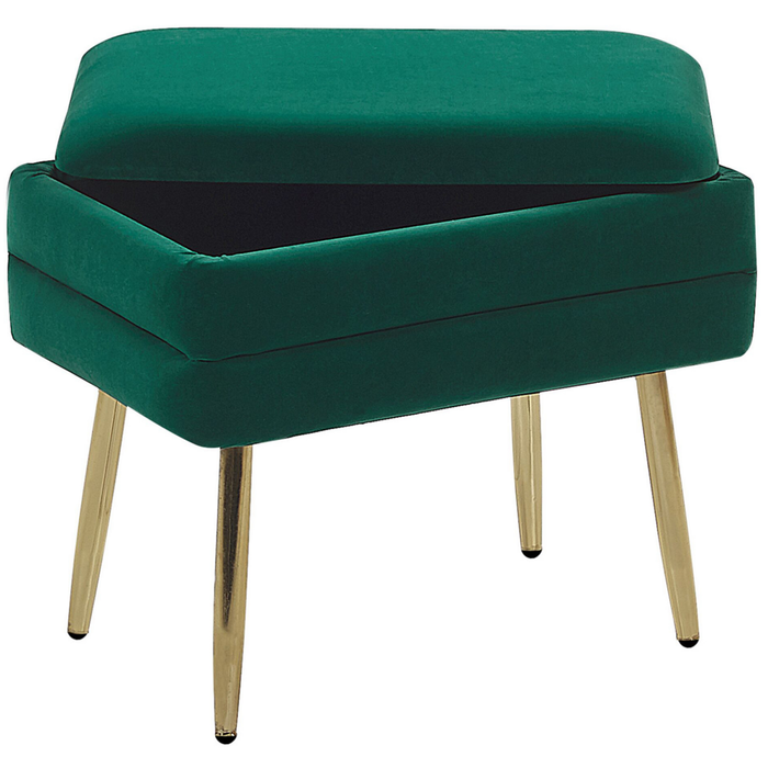 Panca portaoggetti Rivestimento in velluto di poliestere verde scuro Gambe in ferro dorato Poggiapiedi per soggiorno dal design glam