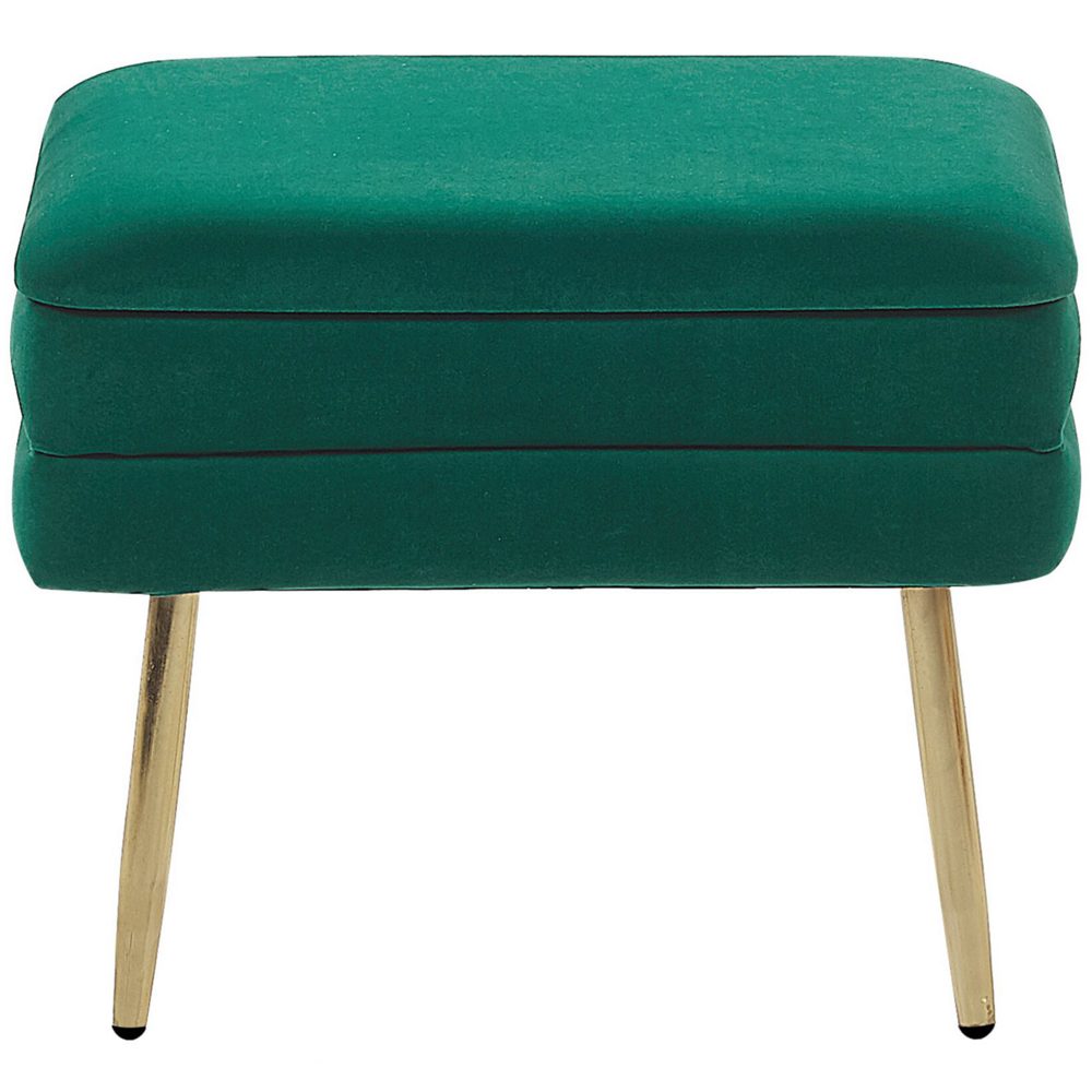 Panca portaoggetti Rivestimento in velluto di poliestere verde scuro Gambe in ferro dorato Poggiapiedi per soggiorno dal design glam