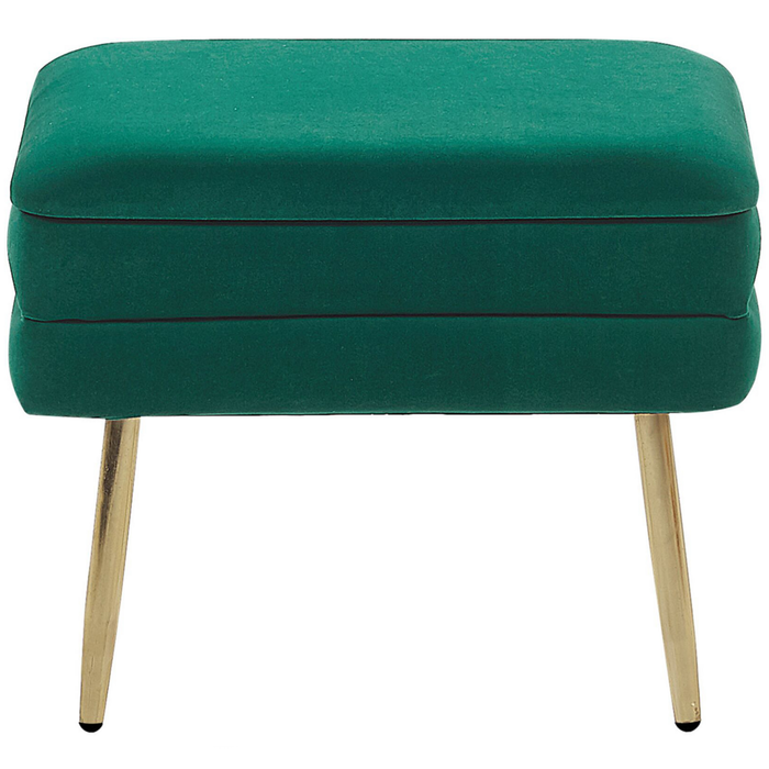 Panca portaoggetti Rivestimento in velluto di poliestere verde scuro Gambe in ferro dorato Poggiapiedi per soggiorno dal design glam