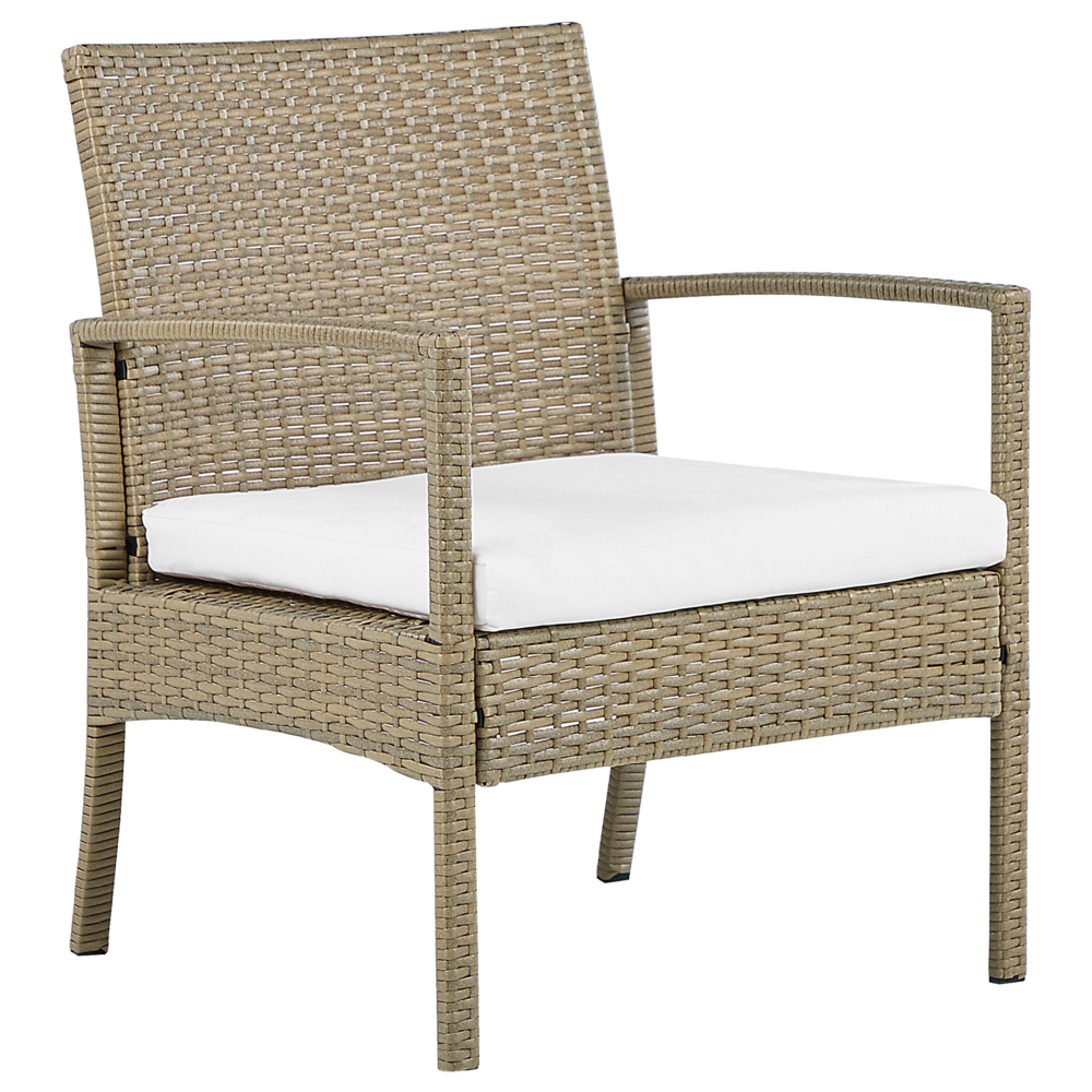 Set divano da giardino in finto rattan marrone con cuscini bianchi e tavolino da caffè a 4 posti