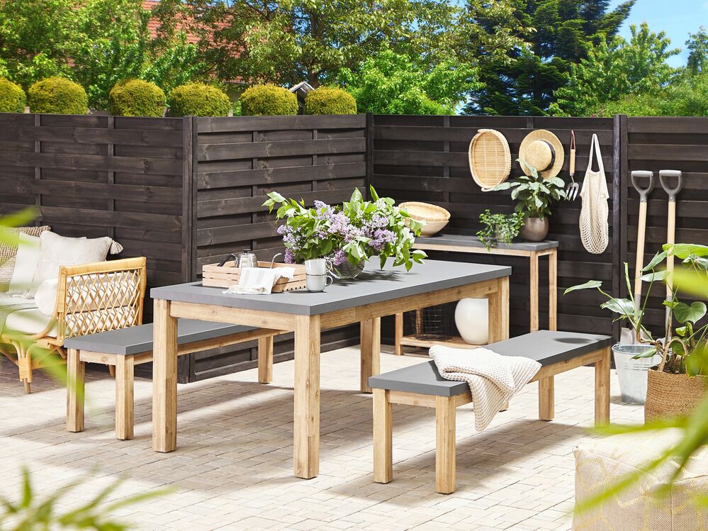 Tavolo da pranzo per esterni in cemento grigio gambe in legno acacia 180 x 90 cm 8 posti moderno patio industriale