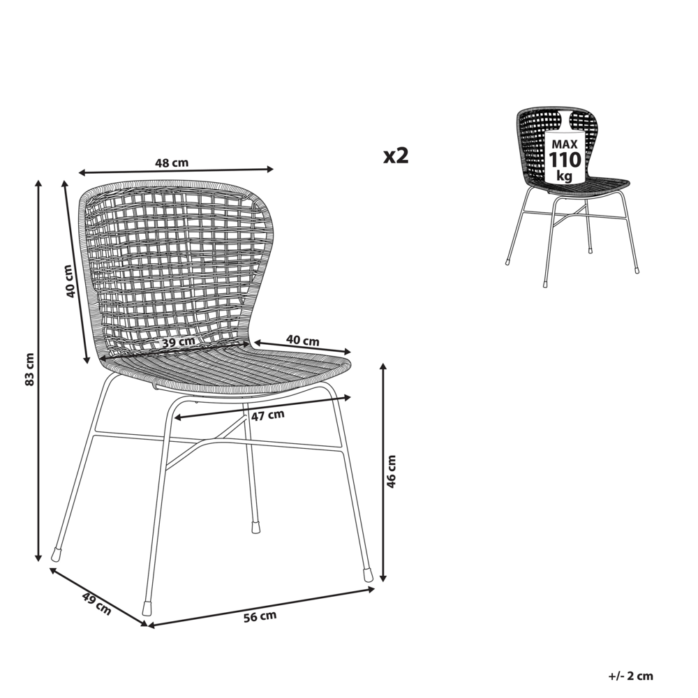 Set di 2 sedie da pranzo Sand Beige Rattan Vimini Struttura in metallo Nero Rustico per interni Boho Design