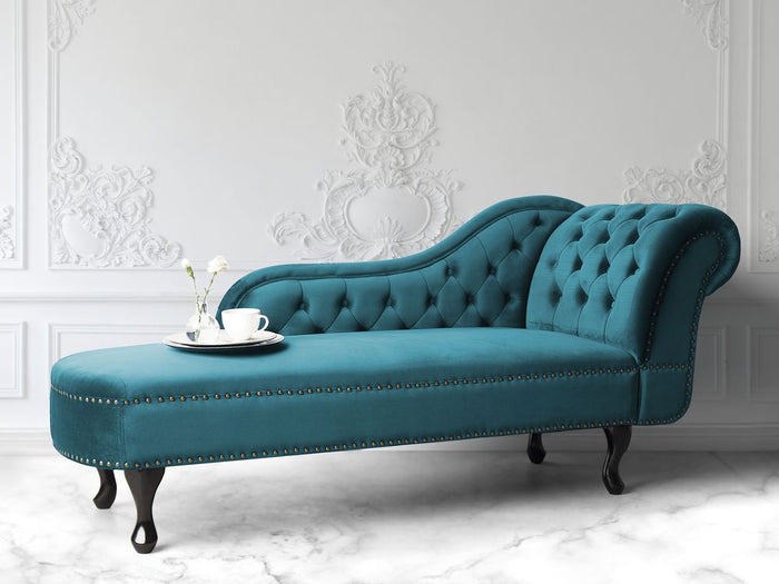 Chaise Longue Velluto di colore Verde Acqua Versione Destra Stile Chesterfield soggiorno camera da letto