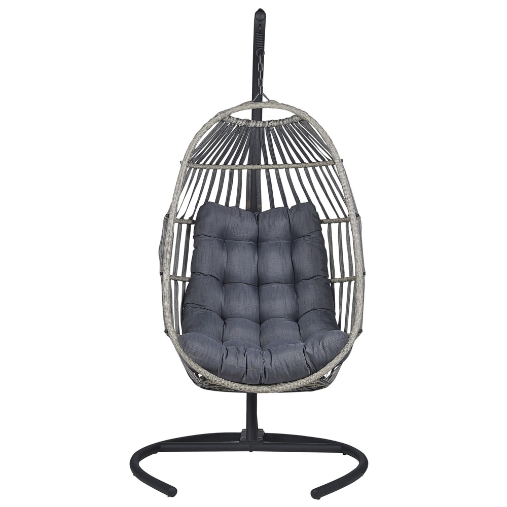 Poltrona Sospesa con Piedistallo in Rattan Grigio Scuro Stile Boho Moderno