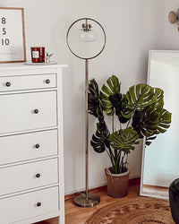 Lampada da terra in metallo dorato 165 cm rotondo aperto con paralume geometrico a bulbo nudo