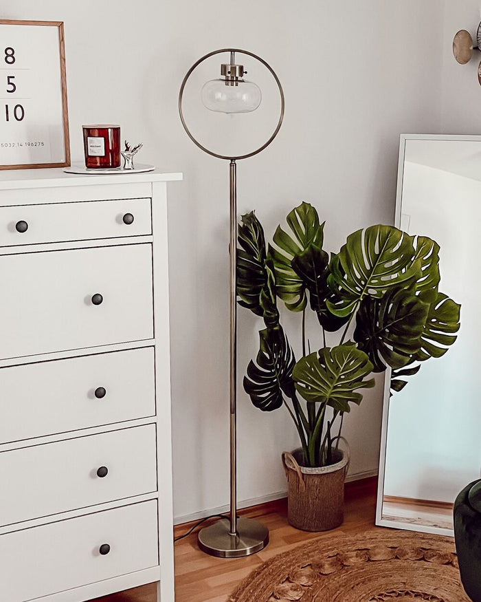 Lampada da terra in metallo dorato 165 cm rotondo aperto con paralume geometrico a bulbo nudo