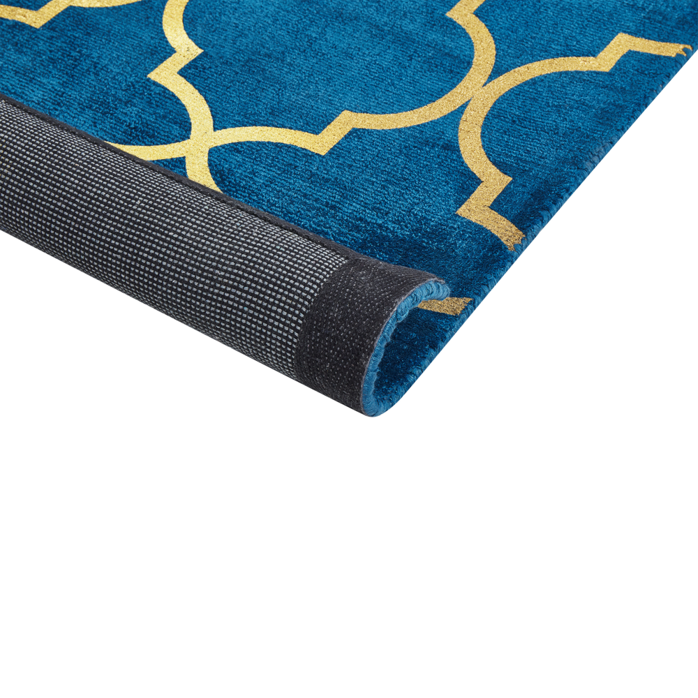 Tappeto Blu con dorato Motivo Quadrifoglio Viscosa con Cotone 160 x 230 cm Stile Modern Glam