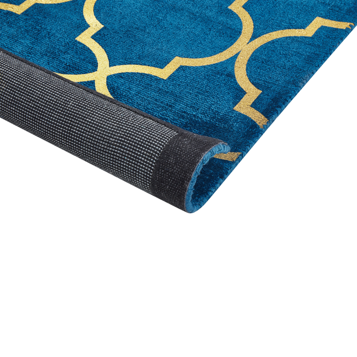 Tappeto Blu con dorato Motivo Quadrifoglio Viscosa con Cotone 160 x 230 cm Stile Modern Glam