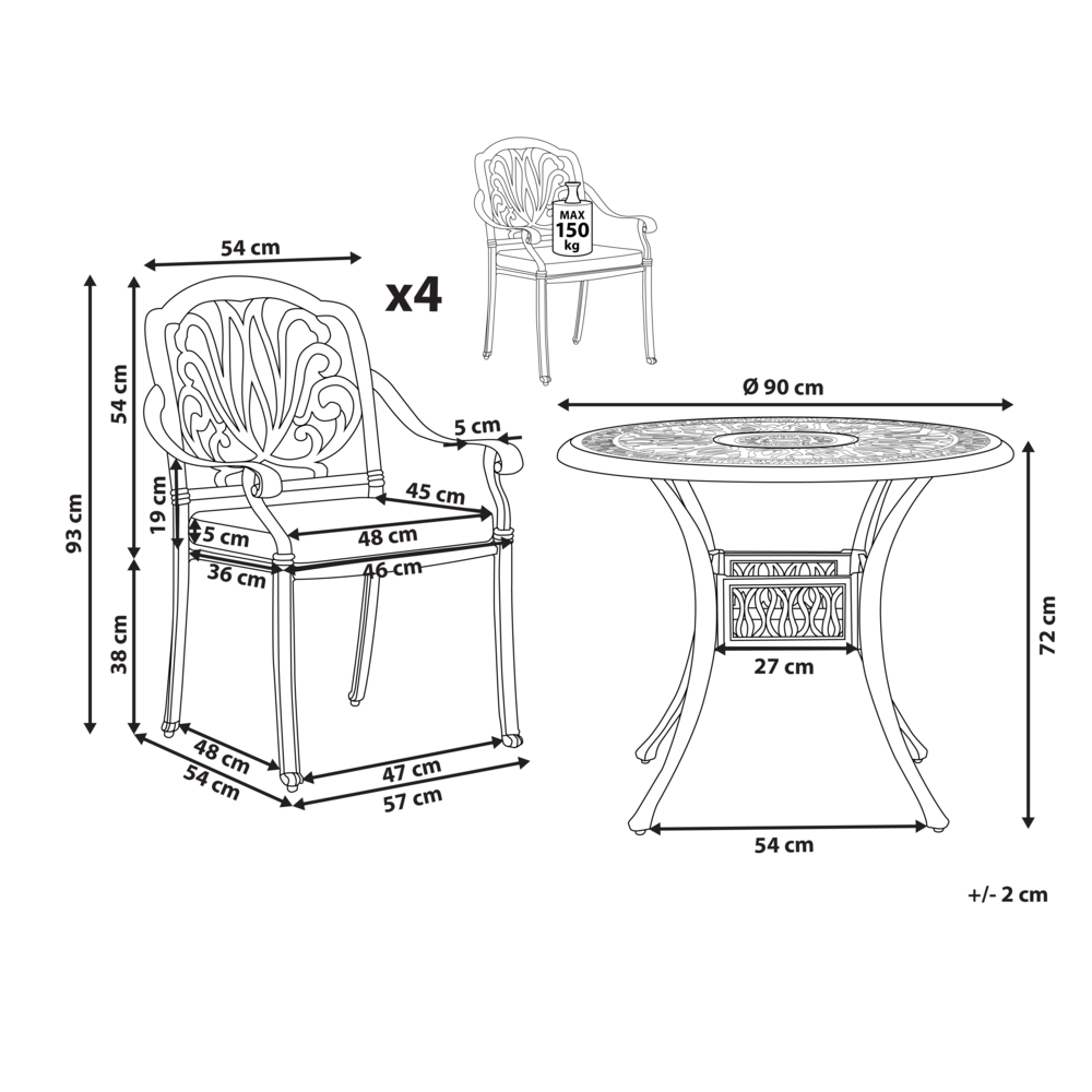 Set Bistro da Giardino a 4 Posti in Alluminio Nero con Cuscini