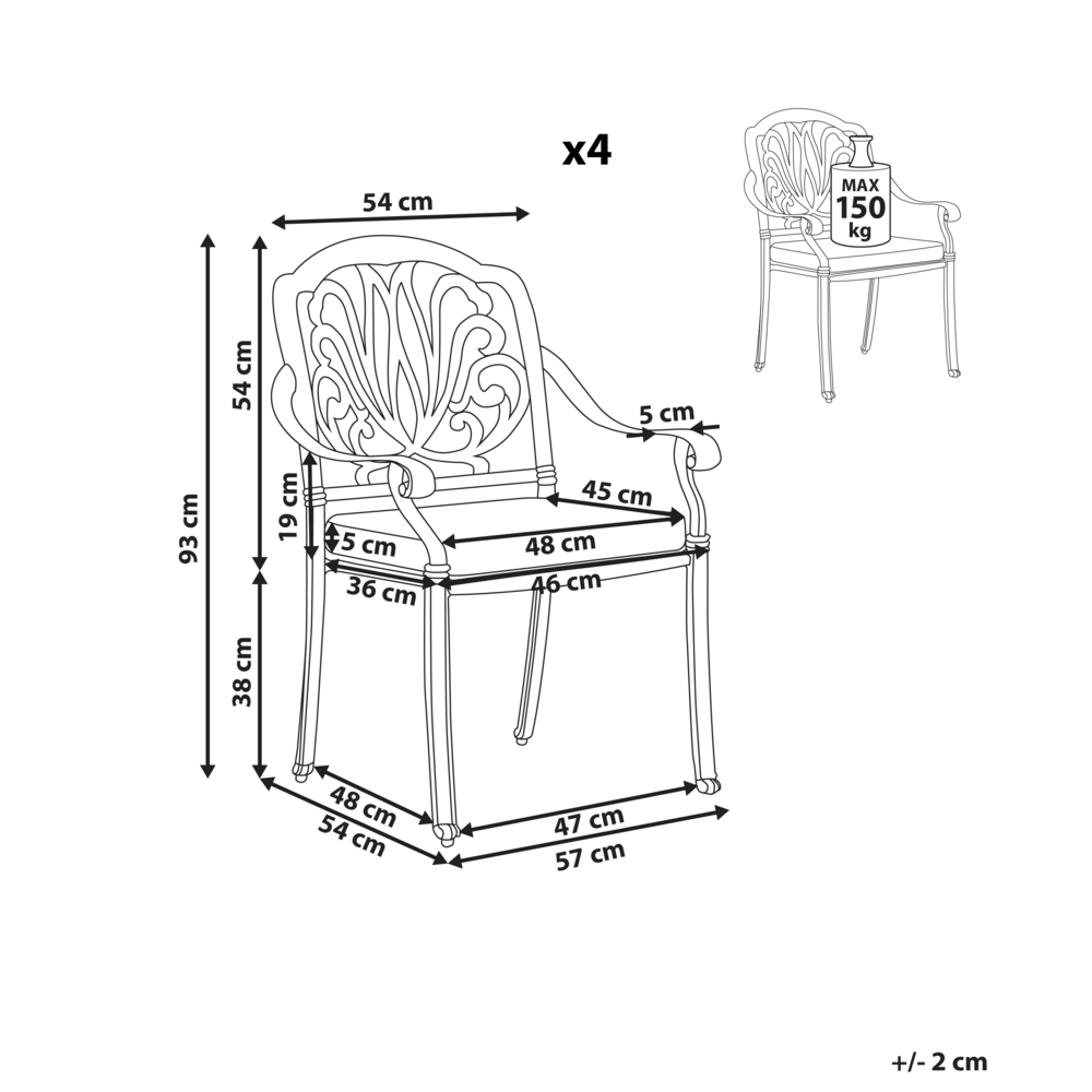Set di 4 Sedie da Giardino Vintage in Alluminio Nero con Cuscini
