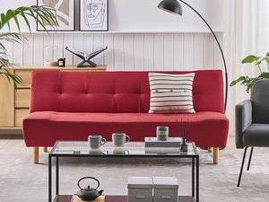 Divano Rosso Rivestimento In Tessuto Gambe In Legno Chiaro 3 Posti Stile Scandinavo