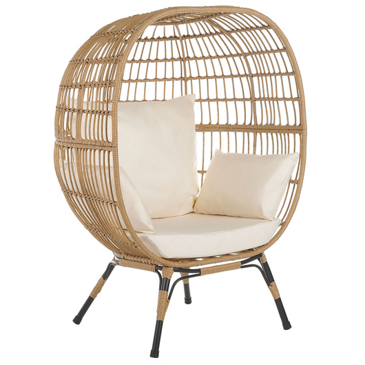 Poltrona da Giardino Boho in Rattan Naturale con Cuscini a Forma di Uovo Beige