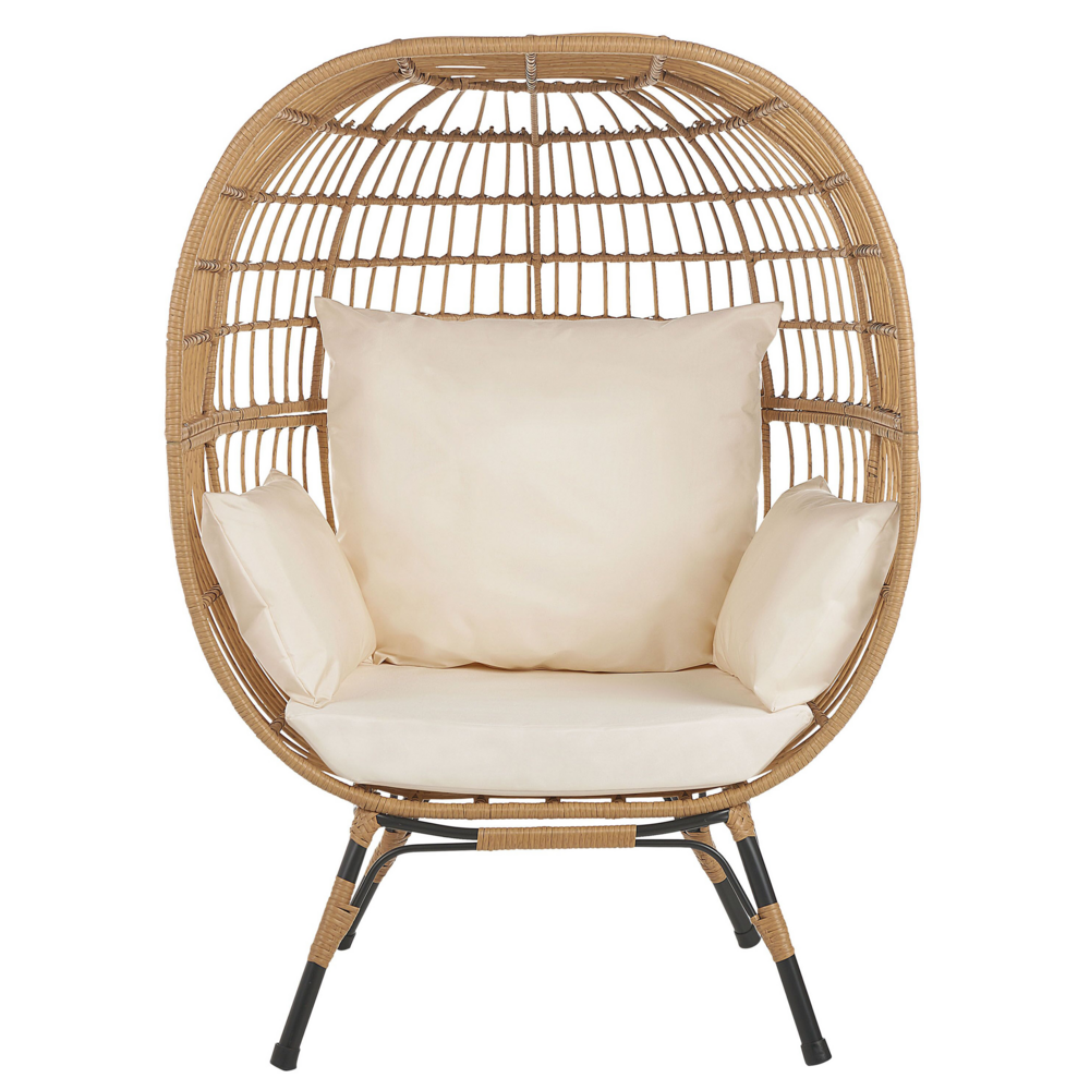 Poltrona da Giardino Boho in Rattan Naturale con Cuscini a Forma di Uovo Beige