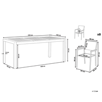 Set da pranzo da giardino con piano in legno di eucalipto chiaro e struttura in acciaio 220 x 100 cm con 8 sedie beige