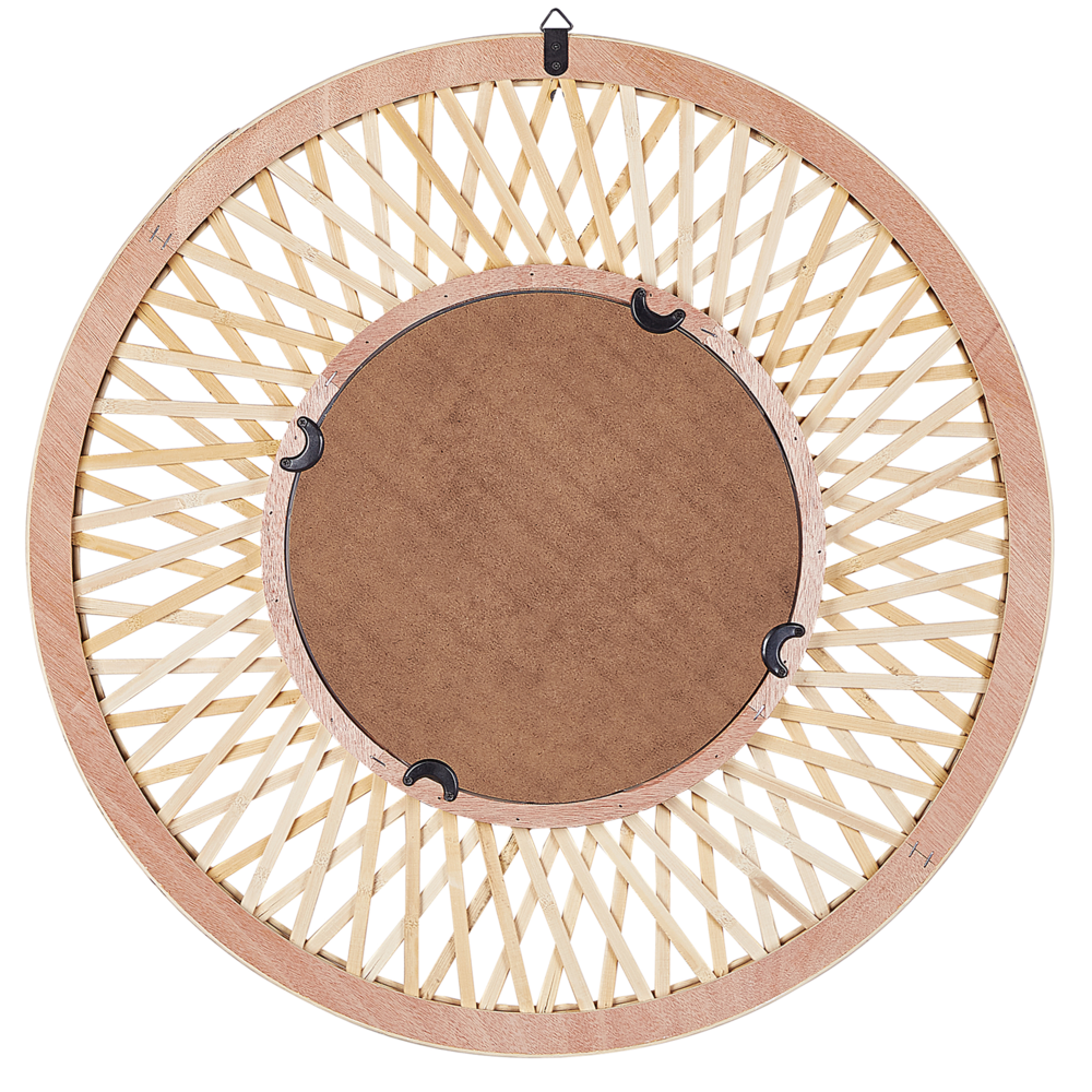 Specchio da Parete Rotondo 60 cm in Legno di Bambu Marrone Chiaro Motivo Geometrico
