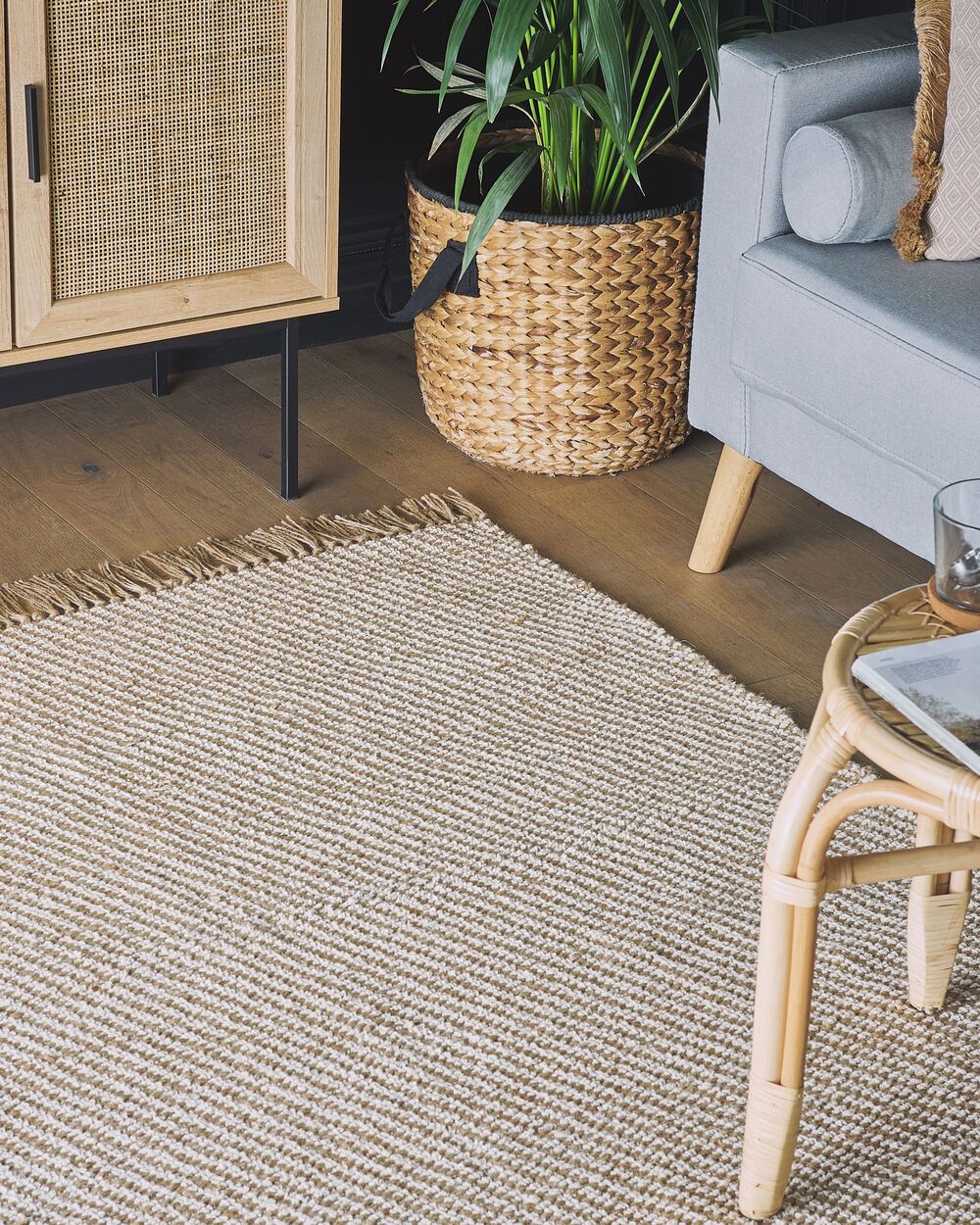 Tappeto in juta beige e cotone 140 x 200 cm con frange intrecciate a mano Boho ingresso camera da letto