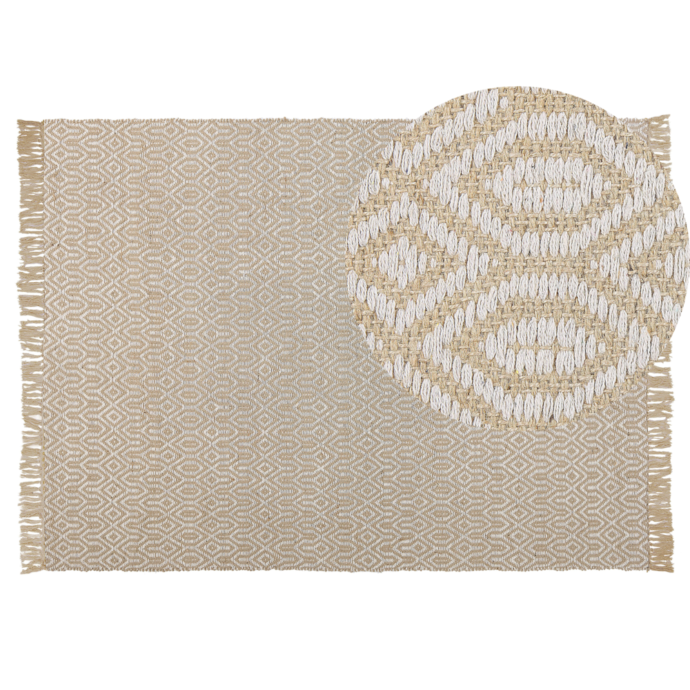 Tappeto in juta beige e cotone 140 x 200 cm intrecciato a mano con frange Boho soggiorno camera da letto