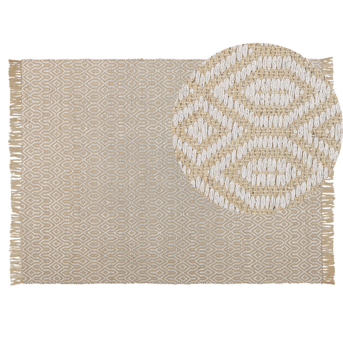 Tappeto in juta beige e cotone 140 x 200 cm intrecciato a mano con frange Boho soggiorno camera da letto
