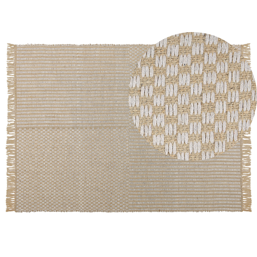 Tappeto in cotone beige 140 x 200 cm con frange intrecciate a mano Boho