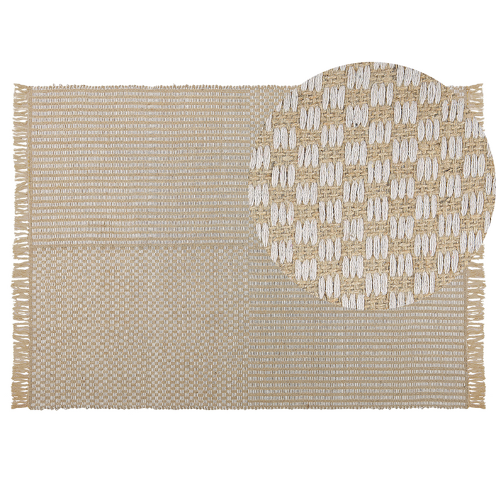 Tappeto in cotone beige 140 x 200 cm con frange intrecciate a mano Boho