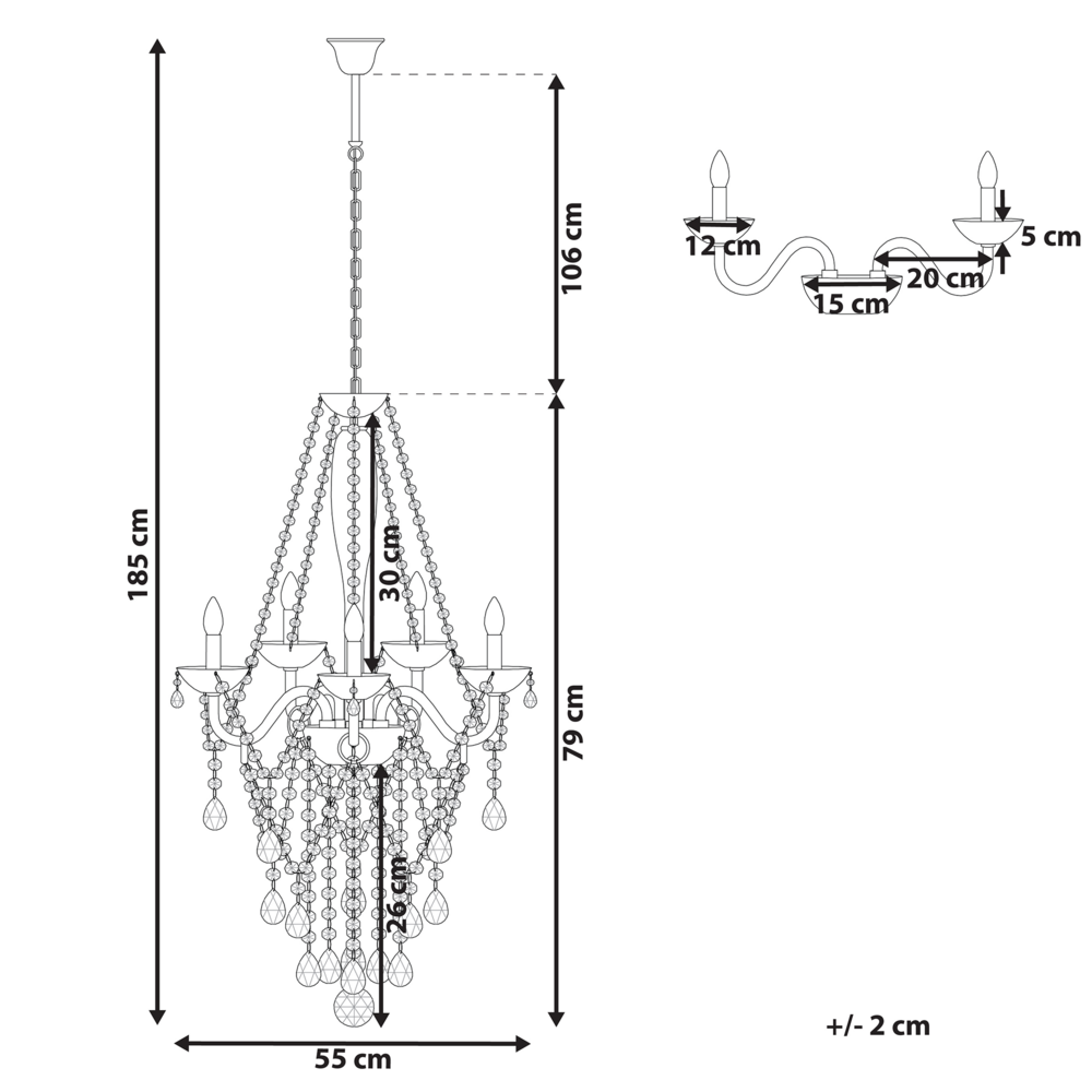 Lampadario in cristallo color argento 185 cm trasparente a 5 fuochi